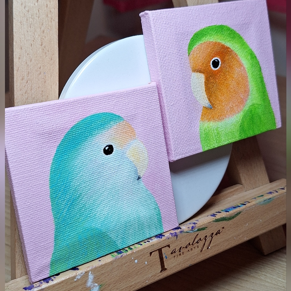 Rosy-faced Lovebirds Hand-painted Canvas Magnets - Set of 2 - Picture 3 of 9